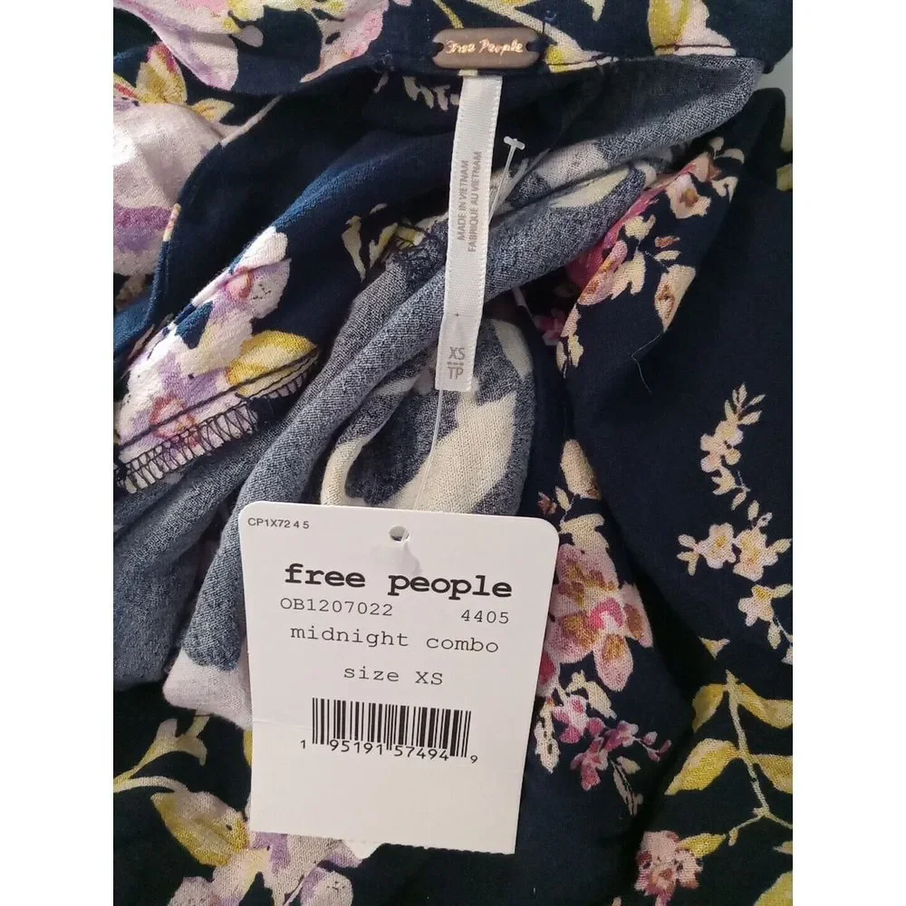 Free People Tate Midnight Blue Floral Print Mock Neck Bell Sleeve Tunic Size XS‎